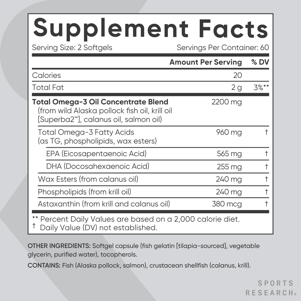Sports Research® Total Omega-3 Fish Oil 2200mg - Made from Antarctic Krill w/Astaxanthin, Wild Sockeye Salmon & Alaska Pollock - 960mg of EPA & DHA - 120 Softgels