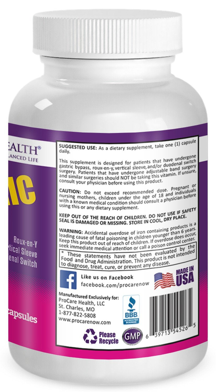 ProCare Health Bariatric Multivitamin 45mg Iron – Once Daily Capsule for Gastric Bypass, Sleeve & Post-Op Support – 90 Easy-to-Swallow Capsules, 3-Month Supply, No Artificial Colors, Gluten-Free