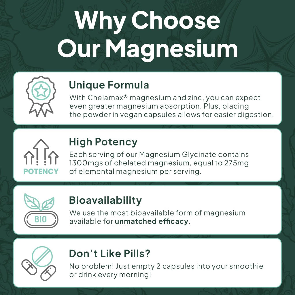 Pure Magnesium Glycinate with Zinc - Maximum Strength Chelated Magnesium Supplement for Women and Men 90 Capsule