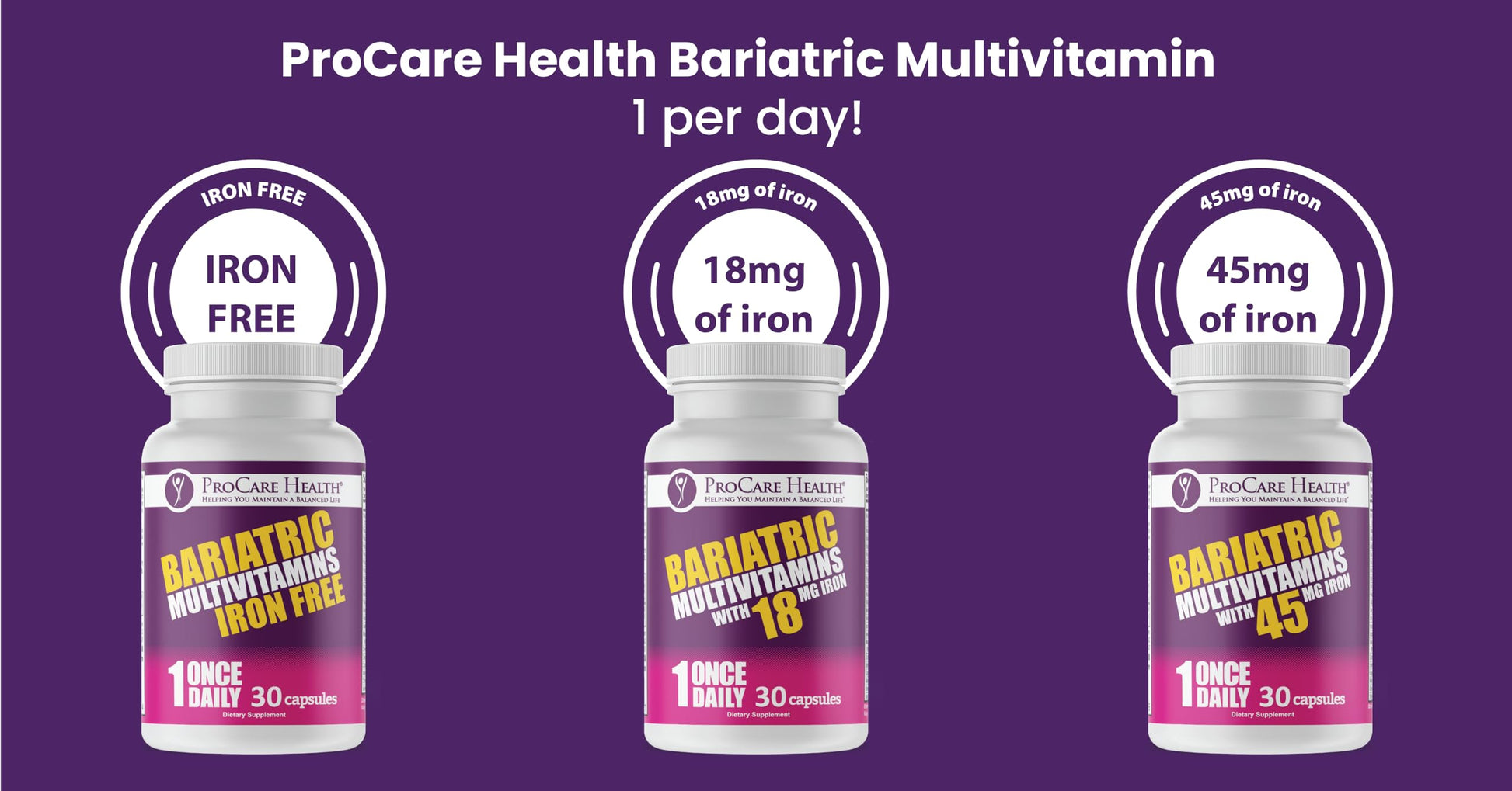 ProCare Health Bariatric Multivitamin 45mg Iron – Once Daily Capsule for Gastric Bypass, Sleeve & Post-Op Support – 90 Easy-to-Swallow Capsules, 3-Month Supply, No Artificial Colors, Gluten-Free