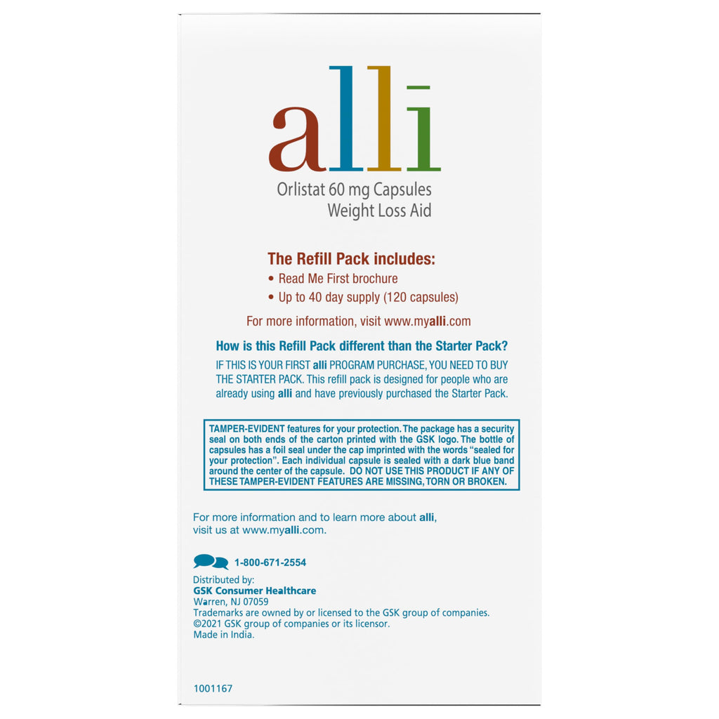 alli Weight Loss Diet Pills, Orlistat 60 mg Capsules, Non Prescription Weight Loss Aid, 120 Count Refill Pack