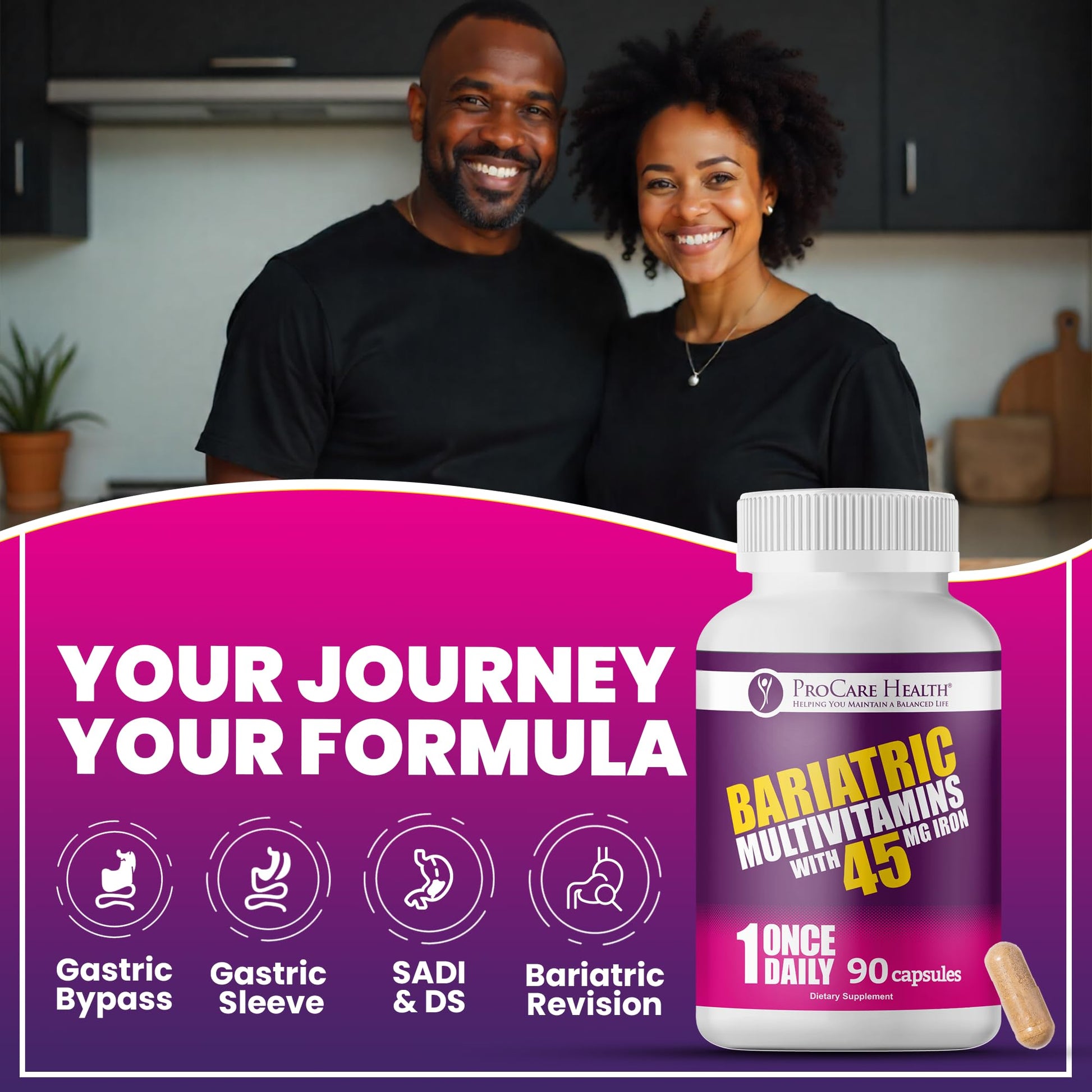 ProCare Health Bariatric Multivitamin 45mg Iron – Once Daily Capsule for Gastric Bypass, Sleeve & Post-Op Support – 90 Easy-to-Swallow Capsules, 3-Month Supply, No Artificial Colors, Gluten-Free