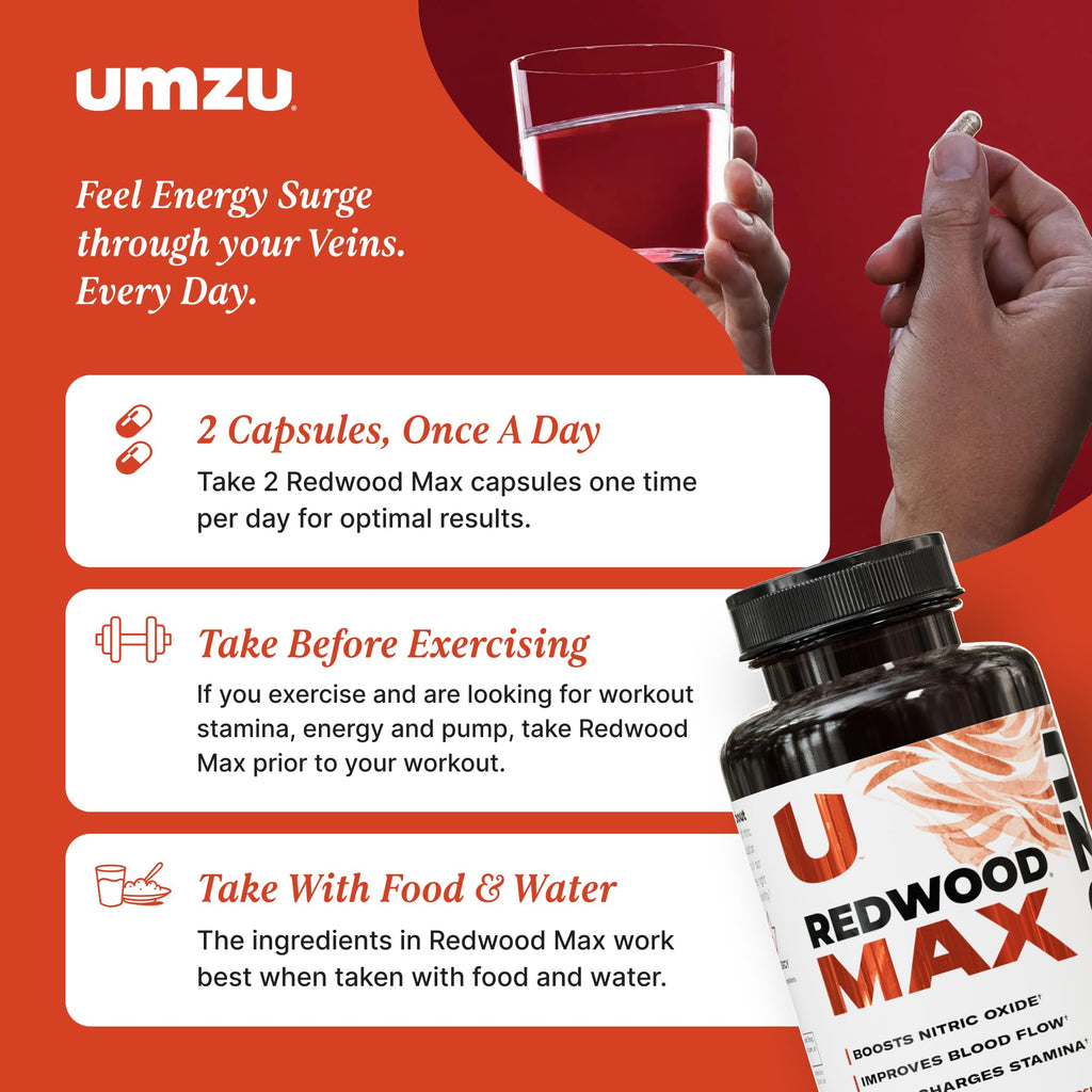 UMZU Redwood Max Nitric Oxide Booster, 1-Month Supply – Advanced Nitric Oxide Supplement with Fitnox Blend, Pine Bark, Resveratrol & Tart Cherry – Promotes Healthy Circulation, Energy and Recovery