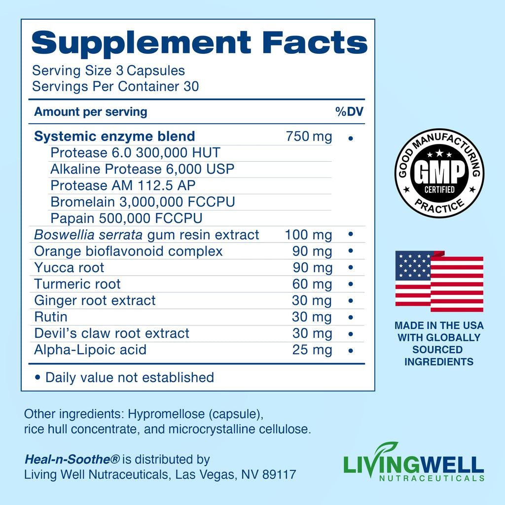 HEAL-N-SOOTHE Joint Support Supplements - Proteolytic Enzymes Like Bromelain & Papain, with Boswellia, Turmeric, & Ginger - Promotes Protein Digestive Function & Body Defense Wellness - 90 Count
