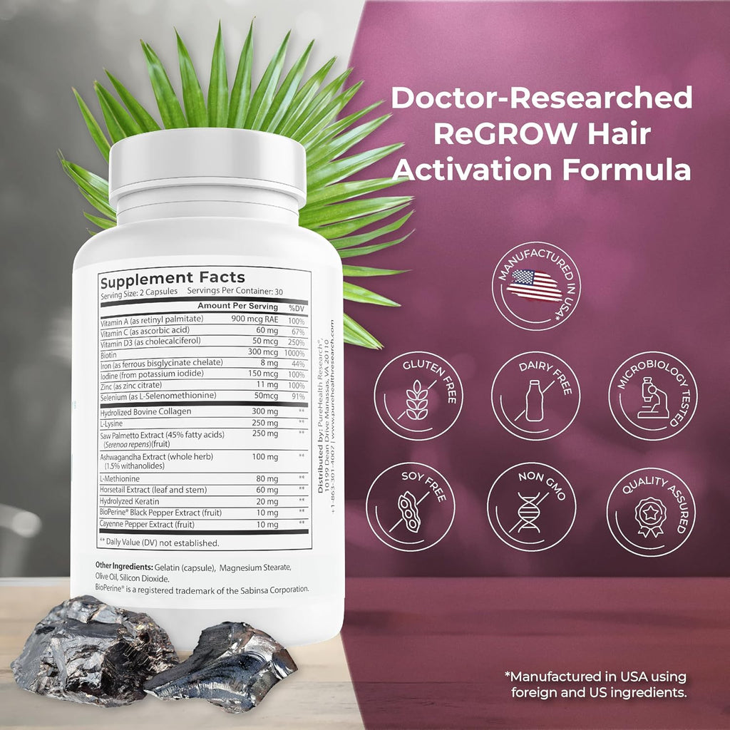 PUREHEALTH RESEARCH ReGrow - Hair Growth Vitamins - with Saw Palmetto, Biotin, Collagen, Zinc, Iron, Iodine, Selenium & More - Hair Supplements for Women & Men - 60 Capsules