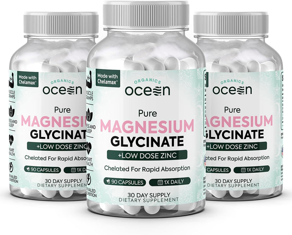Pure Magnesium Glycinate with Zinc - Maximum Strength Chelated Magnesium Supplement for Women and Men 90 Capsule